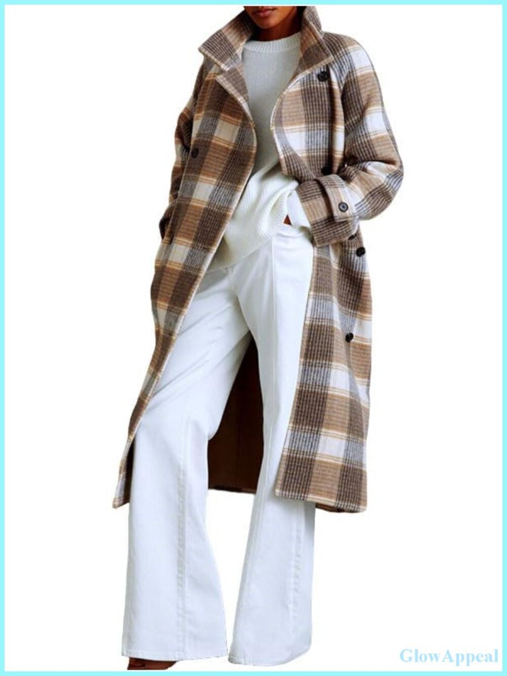 Women's Wool Blend Plaid Trench Coat Belted Long Sleeve Lapel Collar Winter